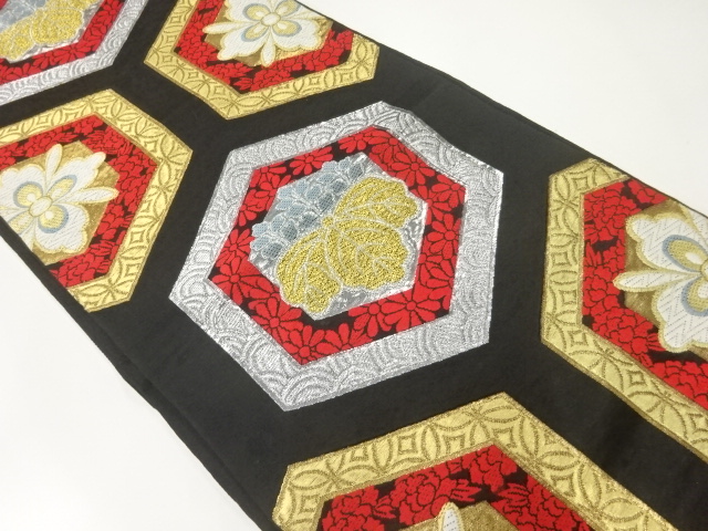 アンティーク　亀甲に桐・花模様織出し袋帯（材料）